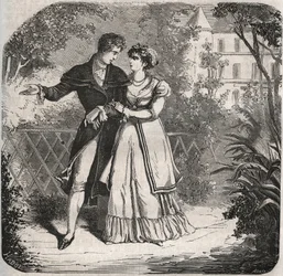 恋人のバルトロメオ・ベルガミと歩く、ブランズウィック家のカロリーナ王女（1768-1821）。ヘンリー・デ・コック（1819-1892）の『Histoire Des Cocus Celebres』に掲載された1871年のエングレーヴィング。