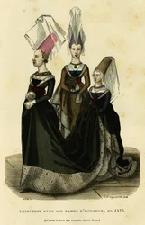 1470年頃、侍女たちと王女。1882年、パリ、オーギュスタン・シャラメル著、F.ロワ編集の「France et les francais a travers les siecles」所収のルネ王のトーナメント本に因んだカラー・エングレーヴィング。セルバ・コレクション。