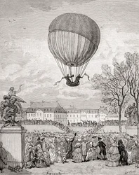 1783年12月1日、パリのトゥイユリー公園で世界初の有人水素気球を飛ばすジャック・シャルル教授とニコラ＝ルイ・ロベール（1880年頃発行の「Histoire de France」より