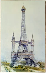 1900年の展覧会のためにエッフェル塔を改造するプロジェクト（1896年5月）。1896年のエングレーヴィング。パリ、国立公文書館