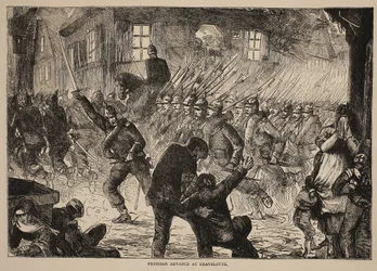 グラヴェロッテでのプロイセンの前進、1870年から1871年のフランスとドイツ間の戦争のカッセルの歴史のイラスト