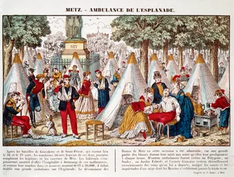 プロイセン戦争：1870年にメッツで負傷者を治療するためにエスプラネードに設置された救急車（エングレービング