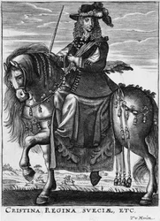 スウェーデンのクリスティーナ女王（1626-89）が馬に乗って