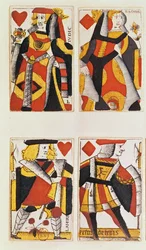 女王とジャックのトランプ（色の木版画）