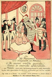 ミシュランタイヤのための1914年の回想。「ラ・ヴィ・パリジェンヌ」、ビバンダムによる改訂増補版「このすばらしい世界では私が皆様をご案内します。父ミシュランが世界で最も見事な自動車観光組織を提供するからです」。壁には、何かが入った額縁