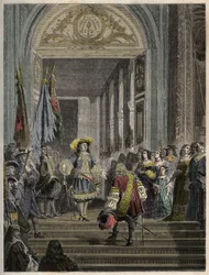 ルイ14世によるヴェルサイユでのグランド・コンドのレセプション - staircase des ambassadeurs - 1674年、フランス国王ルイ14世によるグランド・コンド（ブルボン・コンド家のルイ2世）のヴェルサイユでのレセプション、「PATRIE」のエングレーヴィング - DESCRIPTION PECTURERICIAL DE