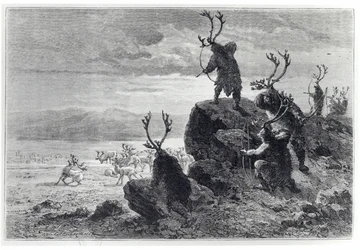 石器時代のトナカイ狩り、LHomme Primitifのイラスト、ルイフィギエ（1819-94）、アシェット発行、1870年