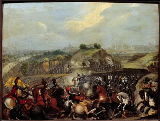 宗教戦争：「ヘンリー4世 at the Battle of Ivry on 14/03/1590」1590年3月14日のイヴリーの戦いでは、カトリック同盟に対する王室軍の勝利が見られた。そこでは、王の大臣であるサリー公マクシミリアン・オブ・ベスーンが負傷した。フレンの絵