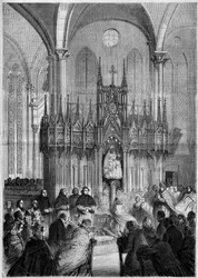 宗教美術：1858年、シャルトル大聖堂（Eure et Loire, 28）にあるノートルダム・デュ・ピラーまたは「ヴィルゴ・ノワール」（1540年頃）の像。1858年12月25日付「Le Monde Illustré」89号に掲載されたエングレーヴィング。