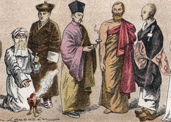 Trajes religiosos da Ásia: de g a d retrato de um padre Parsi (parse ou seguidor do parsismo), Lama (mestre espiritual tibetano), padre budista chinês, bonze do Ceilão e padre budista japonês - Gravura - Trajes religiosos na Ásia: da esquerda para a plataf