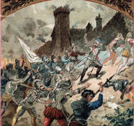 宗教戦争：1567年にユグノー派がダンピエール城を占拠。19世紀後半のクロモリトグラフ