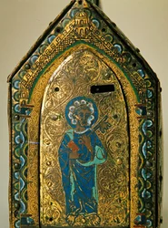 聖ヴァレリアの生涯の場面を描いた聖遺物箱、リモージュ、1175年頃（木、銅、七宝、彫刻、金メッキ）