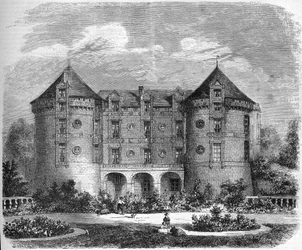 ルネッサンス建築-ロワール地方のシャトー：1857年のシャトー・デュ・リュードのファサードの様子。ル・リュード、サルト（72）。10月24日付「Le Monde Illustré」第28号に掲載された図版