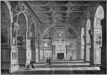 ルネッサンス建築：ニッコロ・デッラバテ（1512-1571）が実現したフランス式天井の舞踏室の全景。フォンテーヌブロー城（セーヌ川・マルヌ川流域、77歳)