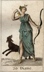 狩猟の女神ディアナの表現、彼女は弓と矢を持つ。ピエール・ブランシャール著『若者の神話』より、1803年。