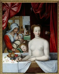 モンソー侯爵夫人ガブリエル・デストリーズ（1573-1599）が風呂に入っている様子を描いたもの。 そのそばには、子供を養育する看護師がいる。フランス派の絵画。16～17世紀。日。1.1x1.05 m シャンティ、コンデ美術館 - ガブリエル・デストリーズ、モンソー侯爵夫人