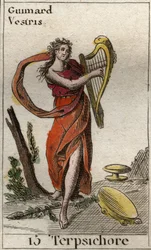 踊りのミューズ、テルプシコーレの表現、彼女は竪琴を弾く（Representation of Terpsichore, Muse of dance, holding a lyre）。ピエール・ブランシャール1803年の「青春の神話」より。