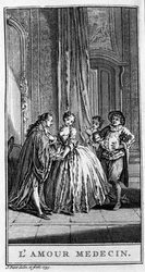ジャン・バティスト・ポケリン・ディット・モリエール（1622-1673）の戯曲「愛の妙薬」（1665年）の一場面を描いたもの。1739年のエングレーヴィング。