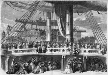 オペラの表現：ユージン・スクリーブ（1791-1861）の台本とジャコモ・メイヤーベーア（1791-1864）の音楽に基づく「アフリカ人」の第3幕の装飾。船上で歌うアンジェラスのエピソード。1865.Le Monde Illustré" n°420 of 2に掲載されたエングレーヴィング。