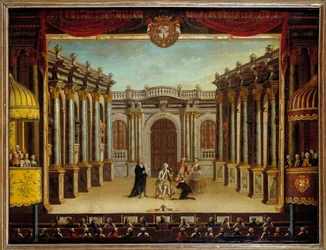 ジャン・バティスト・ポケリン・ディット・モリエール（1622-1673）の「架空のマラド」をスペインのミノルカ劇場で表現したもの、シーンの様子。匿名の絵画