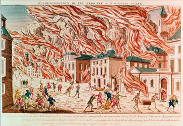 1776年のニューヨーク大火の表現（彩色エングレーヴィング）