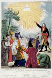 ナポレオン・ボナパルト（1769-1821）が維持した全宗教の崇拝の自由を表現したもの。第一執政官は、神を象徴する三位一体の三角形を示し、各宗教の代表者が集まっている。カトリックの前夜祭、ユダヤ人、クエーカー教徒。