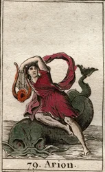 キタラでイルカを魅了したギリシャの伝説的詩人アリオン・ド・メティムネの表現（Representation of Arion, greek poet charming the dolphins by playing kithara）。ピエール・ブランシャール1803年の「青春の神話」より。