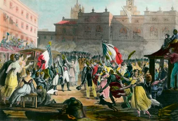 1815年3月、ナポレオン・ボナパルト（1769-1821）のエルバ島からグルノーブルへの帰還。1815年頃のエングレーヴィング 個人蔵