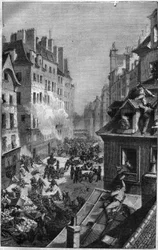 1830年の革命：フォーブル・サン・アントワーヌでの戦い。モーリス・ラシャトレ著『Histoire des Papes-Rois-Queen and Empereurs a travers les centuries』に掲載されている図版。