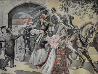 1899年7月7日、ソフィアの街でミラン・オブレノヴィッチ（1854-1901）元セルビア王（1882-1889）に襲いかかるリボルバー。1899年7月23日付「ル・ペレラン」誌に掲載された写真。