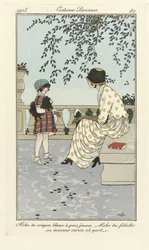 黄色の水玉模様の白いクレポン・ドレス - チェリーとグリーンのタータンチェックの少女用ドレス（『Costumes Parisien』1913年刊より）（ステンシルプリント