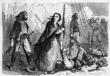 ローマの連載。"アレクサンドル・デュマ(1802-1870)の「ジョセフ・ガリバルディの追悼」。ジュゼッペ・ガリバルディの妻、アニタ・ガリバルディ（1821-1849）がライフル銃を手に戦闘に参加している様子。"Les bons romances "に掲載されたエングレーヴィング