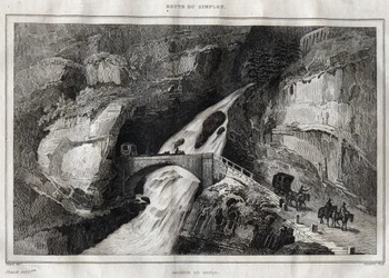 Route du Simplon - M. de Norvins, Ch. Nodier 1834-1836による "Picturesque Italy "からのエングレーヴィング。