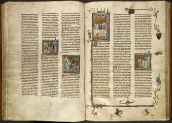 Royal 14 E. III, ff.88v-89 ランスロットは、斬首された祖父である王の頭を沸騰した井戸から取り出しました。 2人の騎士の上で崩壊する建物。 右、祝宴に着席するアーサーとギネヴィアのミニチュア、「Estoire del Saint Graal」より