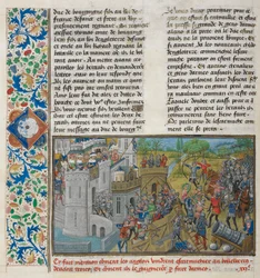 Royal 14 E. IV、f.59v 「イングランドの新旧の年代記」からのトロワの要塞のキャプチャ、Jean de Wavrin、c.1470-80 (ベラム)