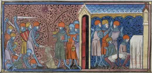 Royal 16 G. VI、f.185vコルドバのマンスールの襲撃、「Chroniques de France ou de Saint Denis」のイラスト（ベラム）
