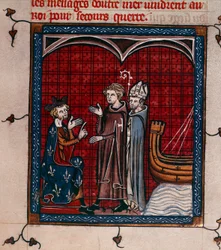 Royal 16 G. VI、f.337 King Philip II and Patriarch、「Chroniques de France ou de Saint Denis」のイラスト（ベラム）