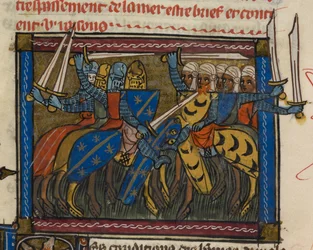 Royal 19 D. I f.189v 戦闘中のキリスト教徒とサラセン人の軍隊、「La Vraye Histoire du Bon Roy Alixandre」のイラスト（ベラムにインク、色、金）