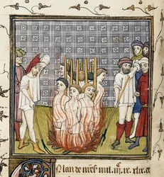 Royal 20 C. VII、f.44v テンプル騎士団の焼き討ち、「Chroniques de France ou de St. Denis」のイラスト (ベラム)