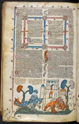 Royal MS 10 E IV f.313v、ある騎士が城の前で別の騎士を馬から降ろすページの基本シーン、c.1300-40 (羊皮紙にペンとインクとテンペラ)