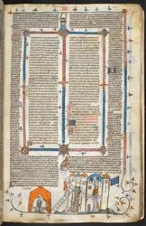 Royal MS 10 iv f.202r 要塞化された城と周辺装飾の攻撃、「The Smithfield Decretals」のイラスト (ベラム)