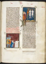 ロイヤル写本16 G. VI、f.306r、フランドル伯シャルルの絞首による殺害（ルイ6世、第20巻）、『フランス大年代記』より