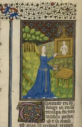 ロイヤル MS 16 G V f.68v タマルが女神ダイアナを描いている、「De claris mulieribus in an anonymous French translation (Le livre de femmes novels et renomées)」より、1440 年頃 (ベラム)