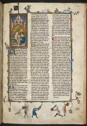 ロイヤル Ms 14 e III f.140r イングランドのヘンリー 2 世と筆記者、「聖杯の物語、聖杯の探求、モルテ アーサー」のイラスト、1315-25 年頃（ベラム）