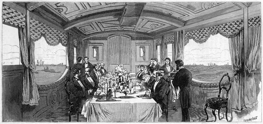 1874年にエディンバラ公と公爵夫人が使用したロシア帝国の列車：ダイニングルーム・ワゴン。1874年4月6日付「Le Monde Illustré」第886号に掲載された図版。
