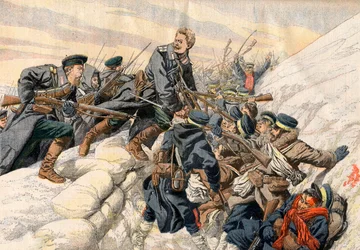 日露戦争-旅順の塹壕での戦い。ロシア人アレクサンダー中尉の英雄的な死 - 旅順の塹壕での戦い。ロシア人アレクサンダー中尉の英雄的な死。Le petit Journalのイラスト