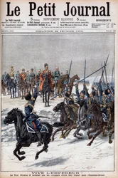 日露戦争 1904-1905 - 極東での日本軍との戦いに出発する前に、皇帝ニコライ2世を称賛するコサックたち（『Le Petit Journal』1904年2月28日号）（彫刻版