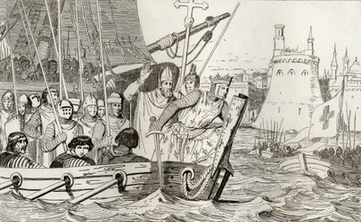 セントルイス9世（1214-70）は、1840年に出版されたコラートの「フランスの歴史」から部隊を率いて戦いました。