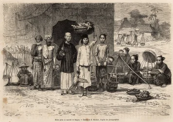Scene du marche de Saigon, D.Maillardのデッサンに基づくエングレーヴィング。1872年にモリス医師が行ったコチンチンへの航海を描いたもので、Edouard Chartonが編集した1875年の "Le tour du monde "に掲載されたもので、アシェット版、パリ。セルバ・コレクション。