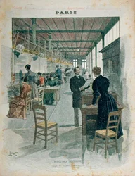 パリのオペラ座電話局のオペレーターが描かれた学校の練習帳の表紙 20世紀初頭（カラーエングレービング）